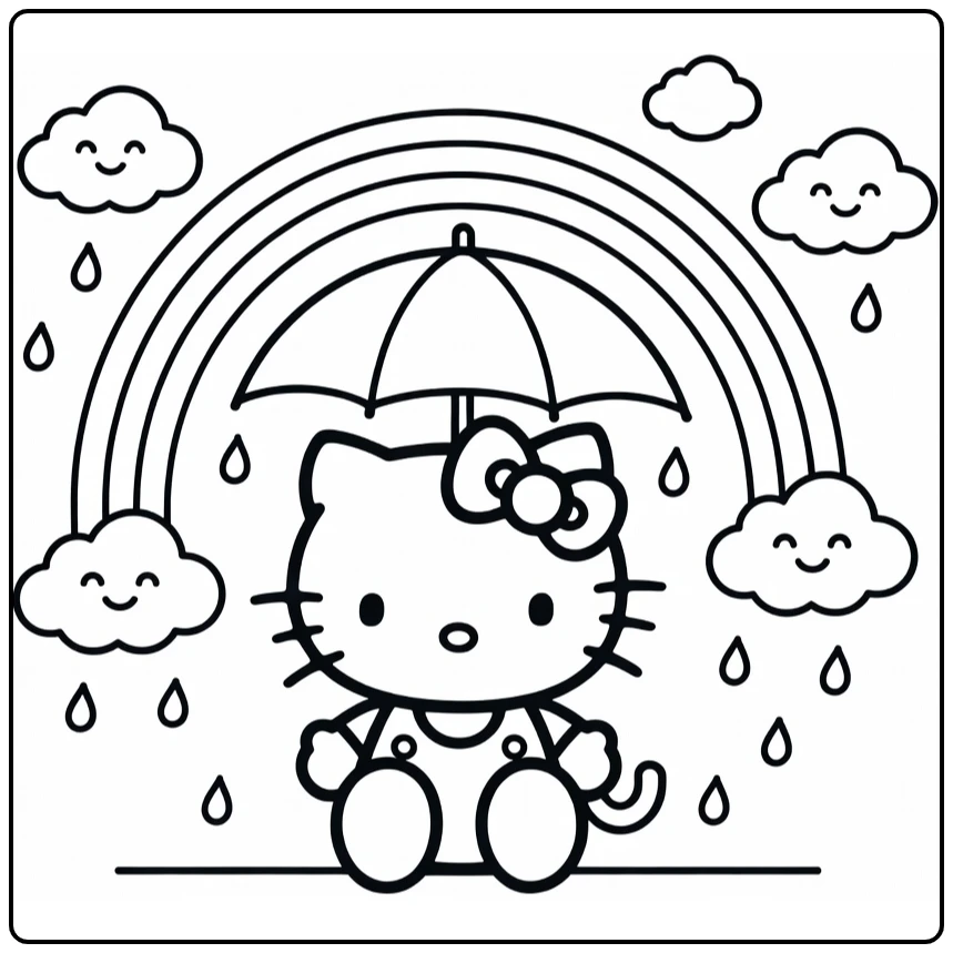 Hello Easy Kitty Under Rainbow coloring page