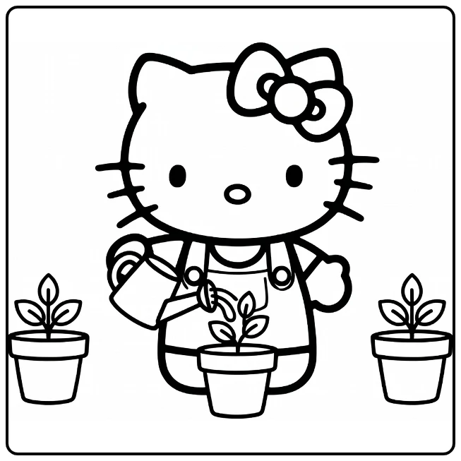 Hello Kitty Easy with Watering Can and Flower Pots coloring page