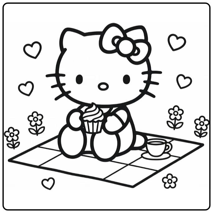 Hello Kitty Easy with Teacup Flowers coloring page