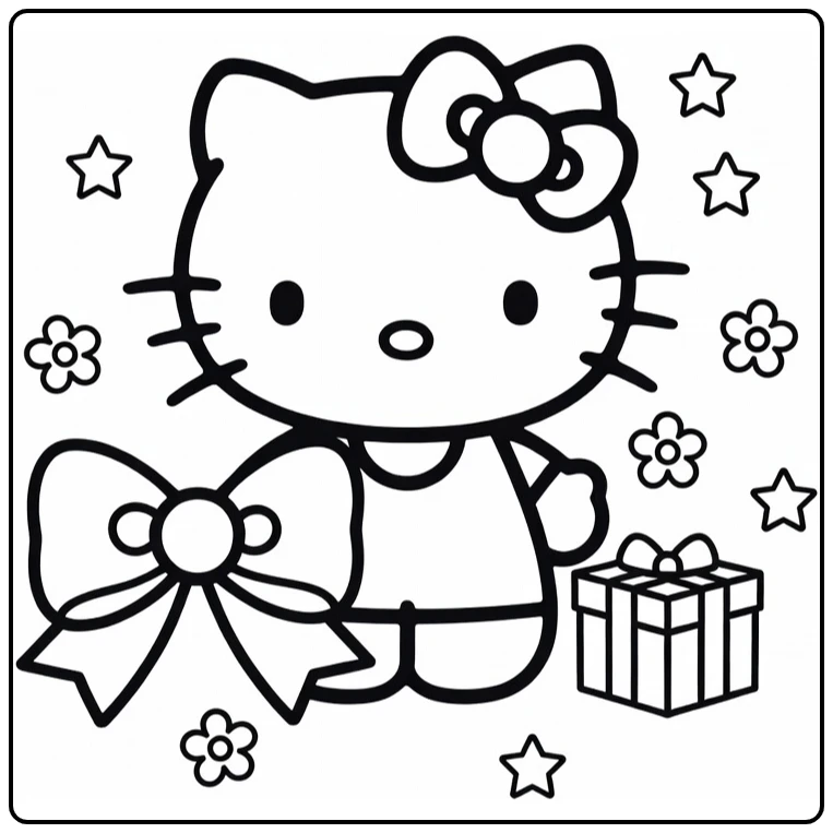Hello Kitty Easy Sitting with Big Bow and Gift coloring page