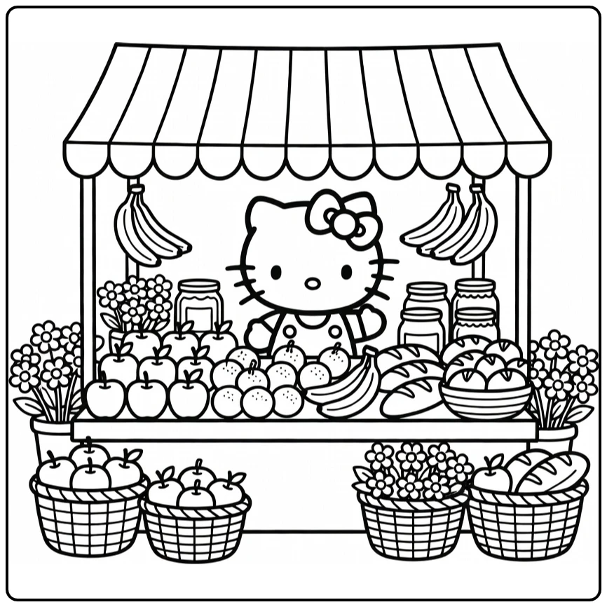 Hello Kitty Market Stall Full of Flowers and Bread coloring page