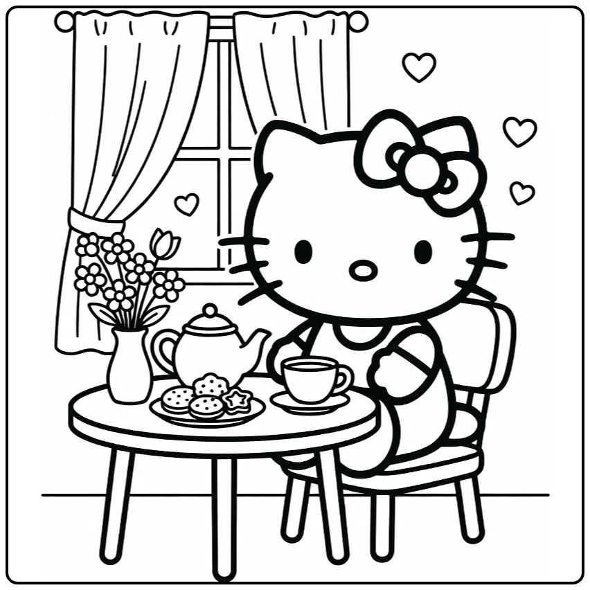 Hello Kitty Tea Table Cookies and Flowers coloring page