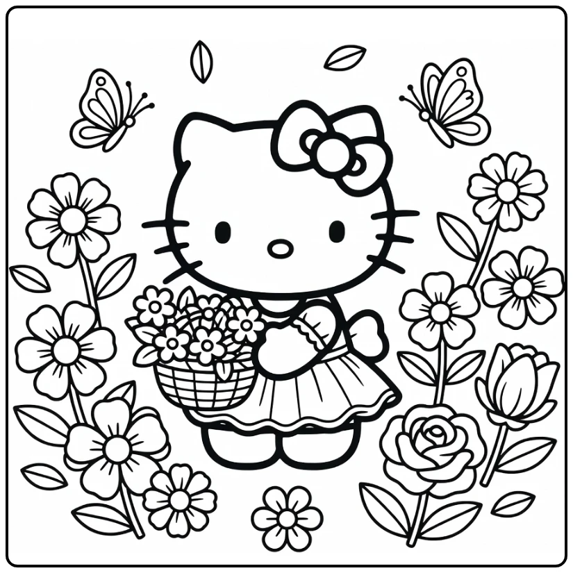 Hello Kitty Butterfly and Flowers in Garden coloring page