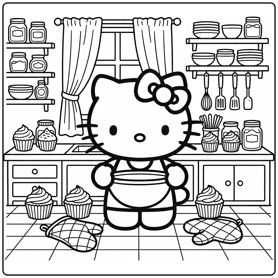 Hello Kitty Detailed with Mixing Bowl Baking Mitts coloring page