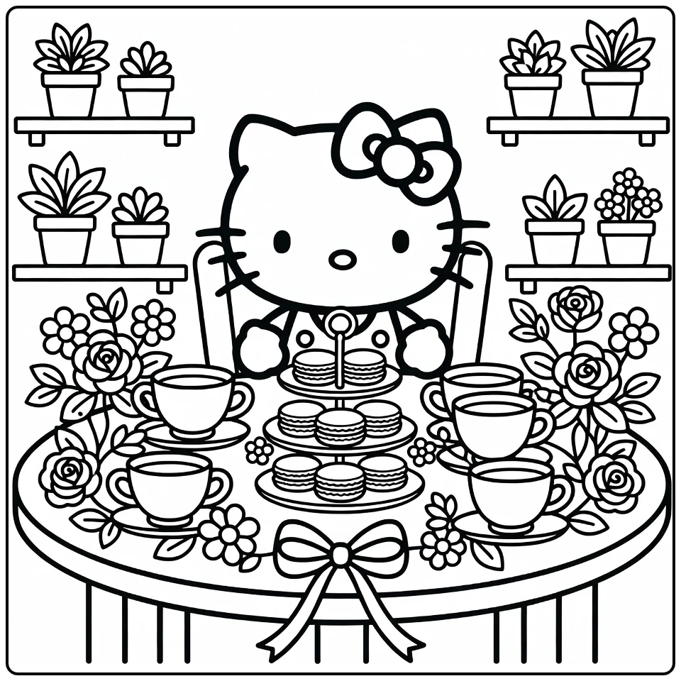 Hello Kitty Detailed Tea Party with Macarons coloring page