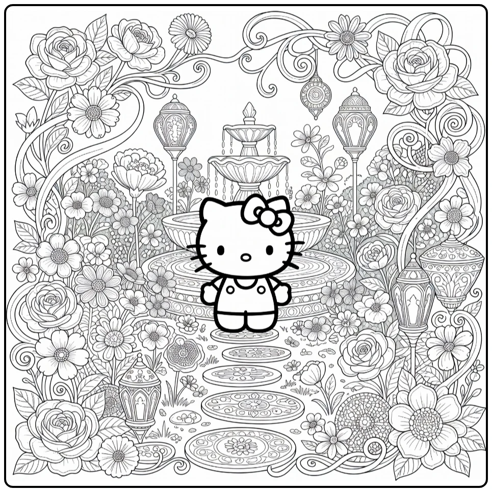 Hello Kitty Detailed Elegant Garden with Lanterns Ribbons coloring page
