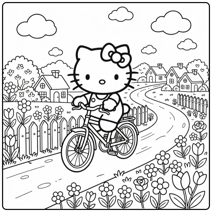 Hello Kitty Detailed Riding a Bicycle Through Flower-filled Village coloring page