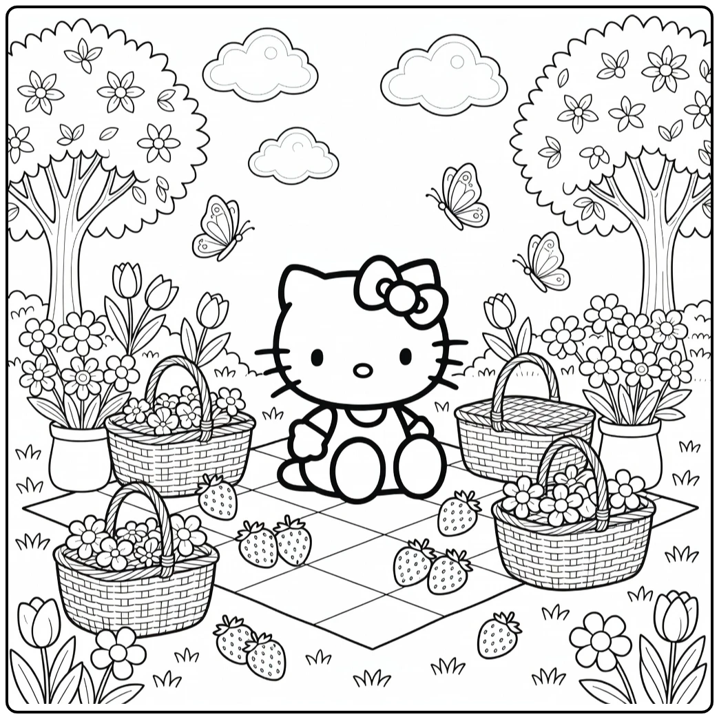 Detailed Hello Kitty Picnic in Park coloring page
