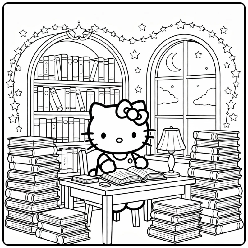 Hello Kitty Detailed in Enchanted Library Scene coloring page