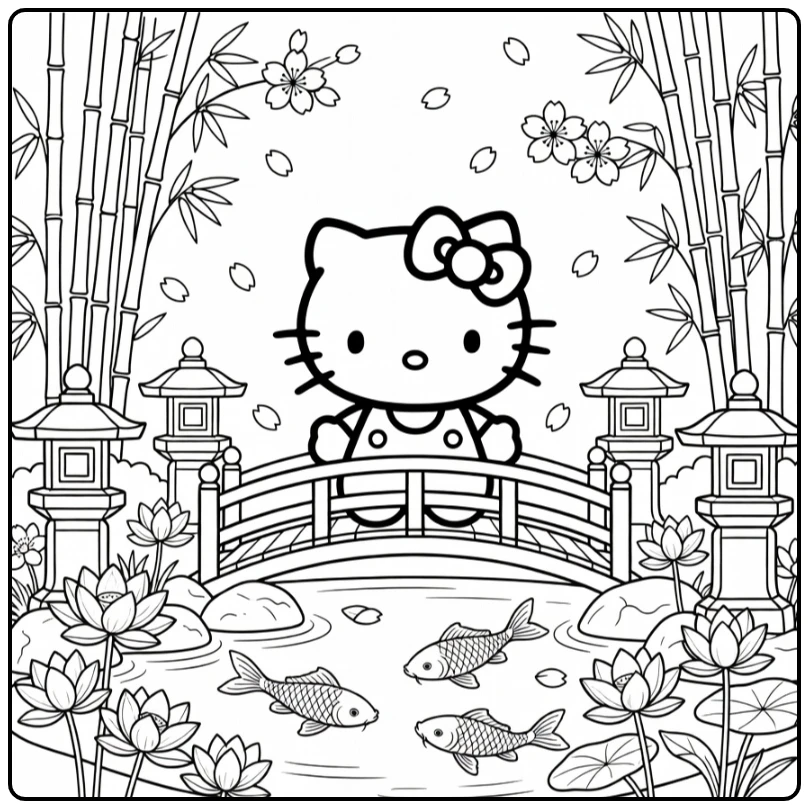 detailed Hello Kitty coloring page in a Japanese garden with a bridge, koi pond, and lanterns