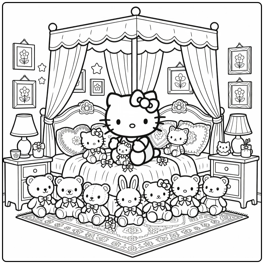 Hello Kitty Detailed in Cozy Bedroom with Heart Pillows coloring page