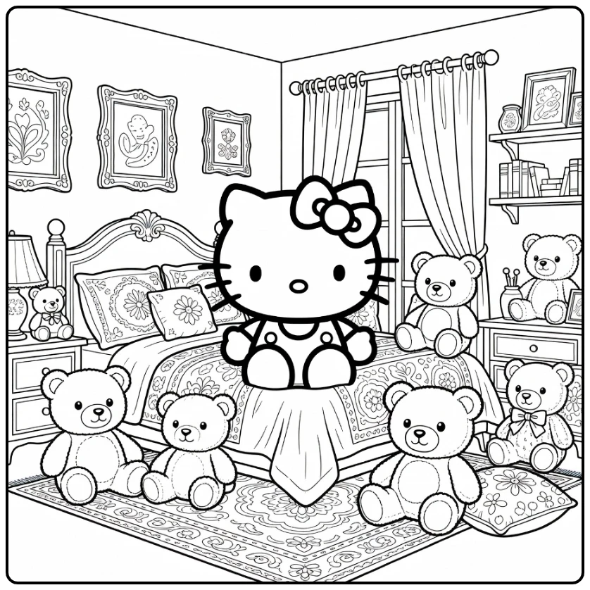 Hello Kitty Detailed in Decorated Bedroom coloring page