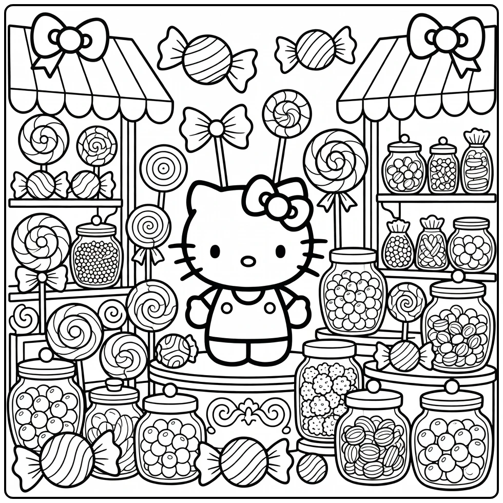 Hello Kitty Detailed Shop Full of Candy coloring page