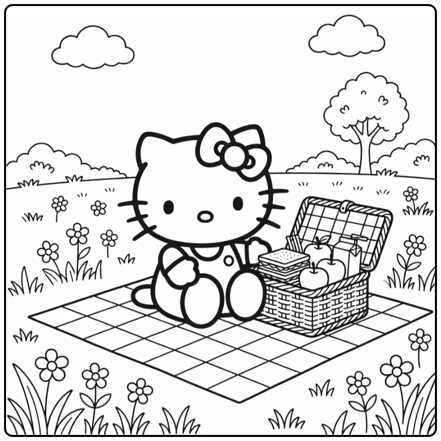 Hello Kitty coloring page having a picnic with a basket, sandwiches, and apples