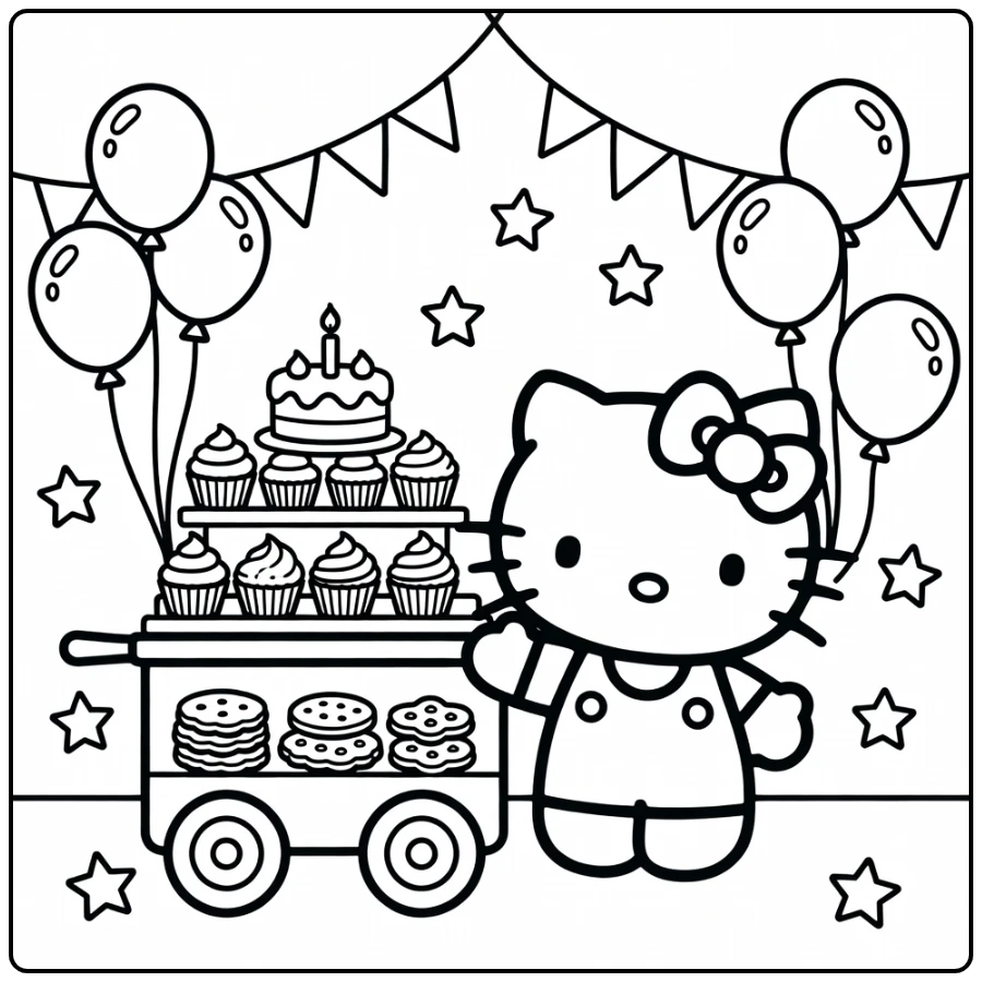 Hello Kitty Birthday Sharing Treats with Balloons coloring page