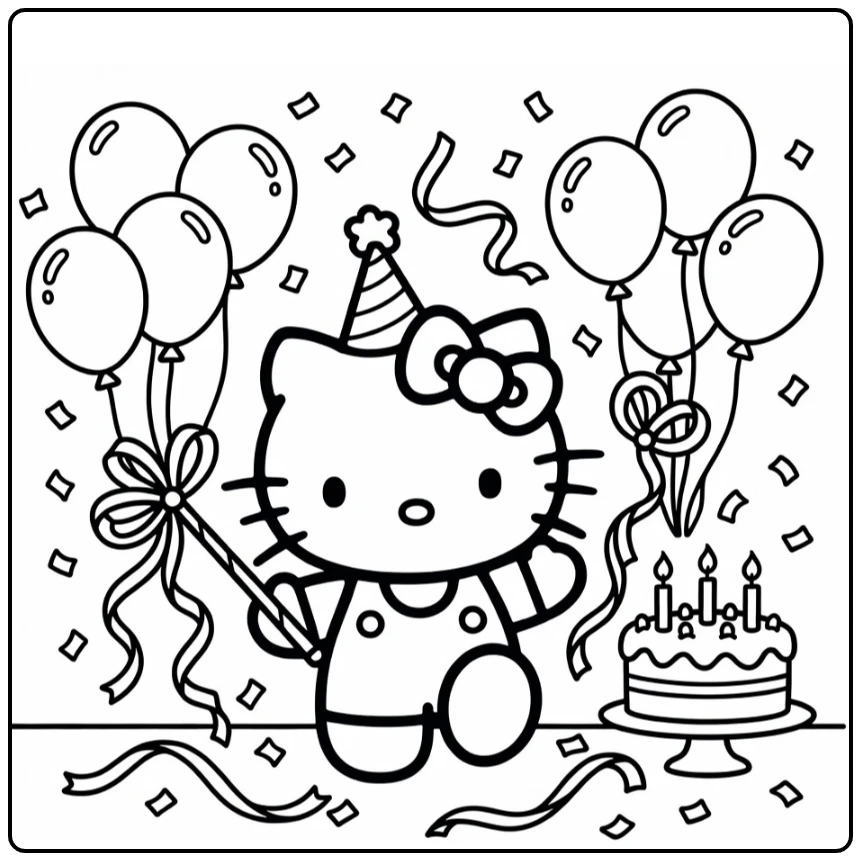 Hello Birthday Party with Dancing Kitty and Confetti coloring page