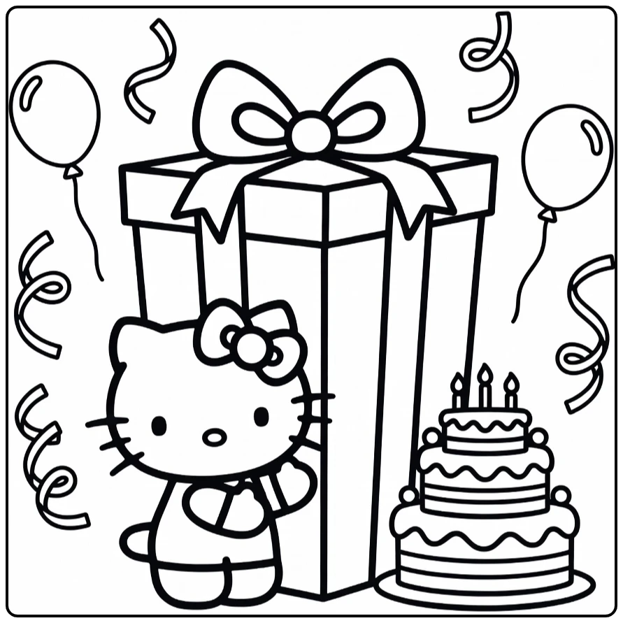 Hello Kitty Birthday Party with Present and Balloons coloring page