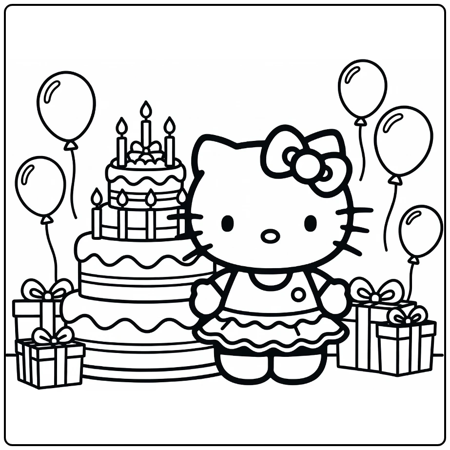Hello Kitty Birthday Party with Cake and Gifts coloring page