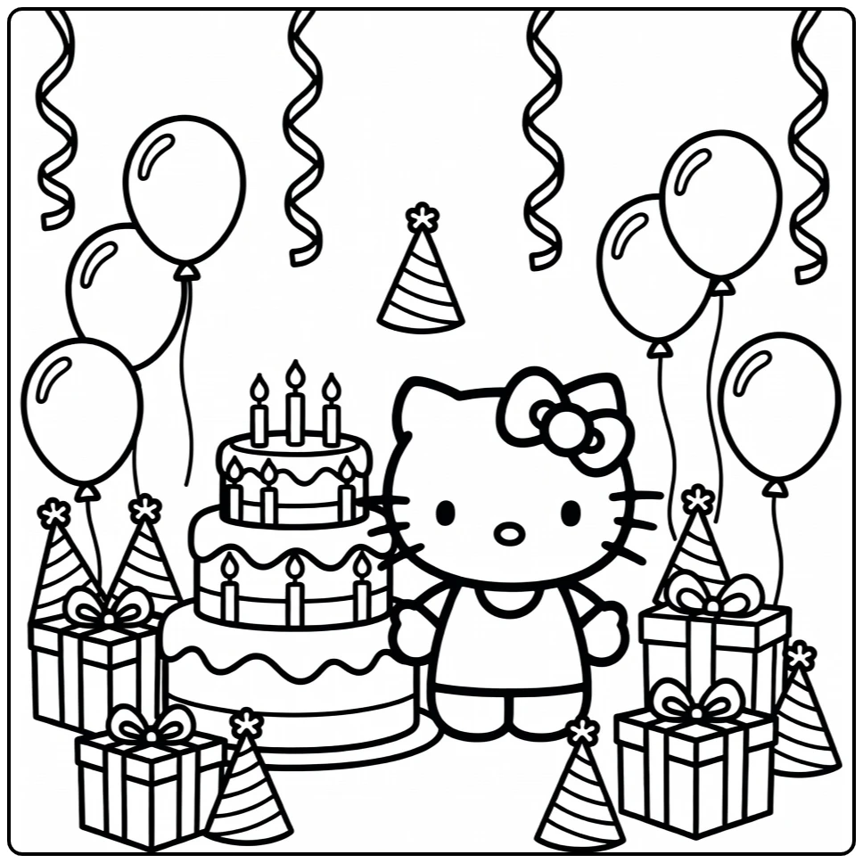 Hello Kitty Birthday Party with Cake and Streamers coloring page