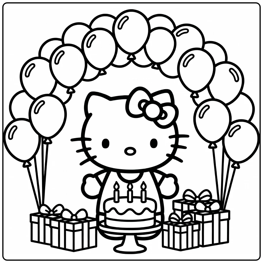 Hello Kitty Birthday Party Under Balloon Arch with Cake coloring page