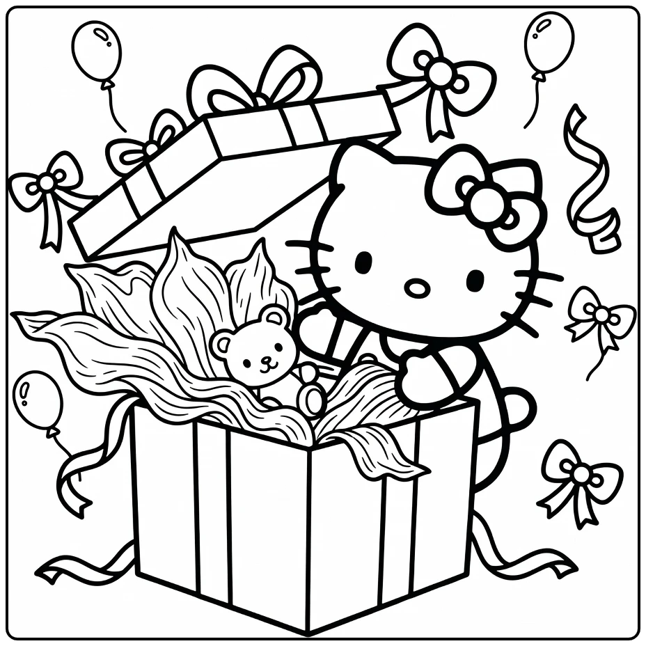 Hello Birthday Kitty Opening Festive Gift coloring page