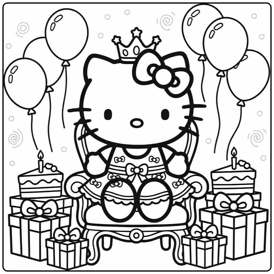 Hello Kitty Birthday with Crown and Cake coloring page