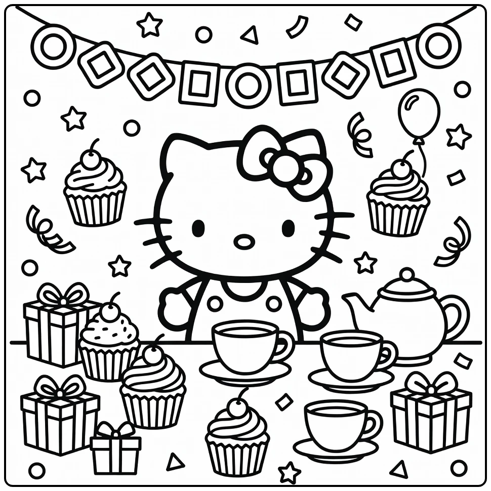 Hello Kitty Birthday with Tea Party coloring page