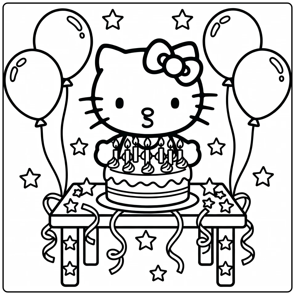 Hello Kitty birthday coloring page blowing out cake candles with streamers and balloons