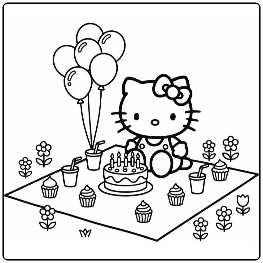 Hello Kitty Birthday on Picnic Blanket with Cupcakes coloring page
