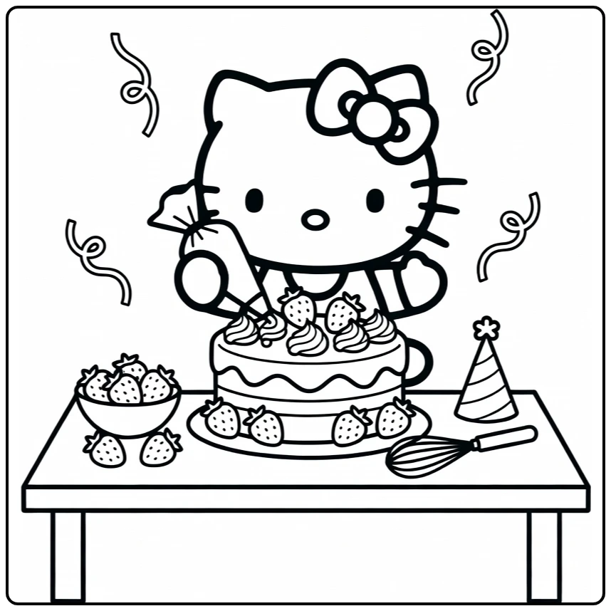 Hello Kitty Birthday Cake and Party Decorations coloring page
