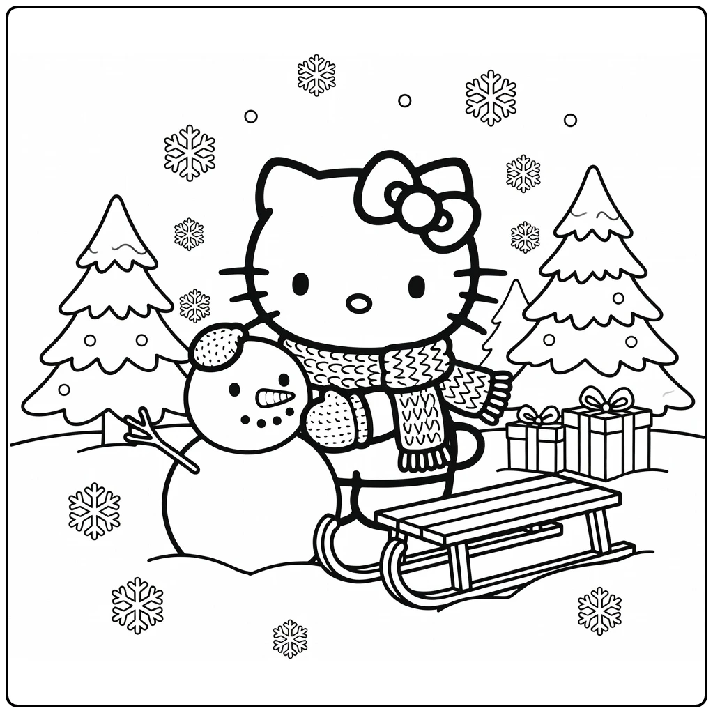 Hello Kitty Winter Snowman Building coloring page