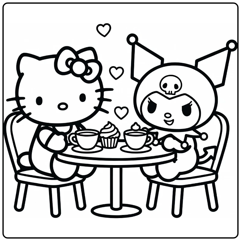Hello Kitty Kuromi Tea Table Friendship coloring page