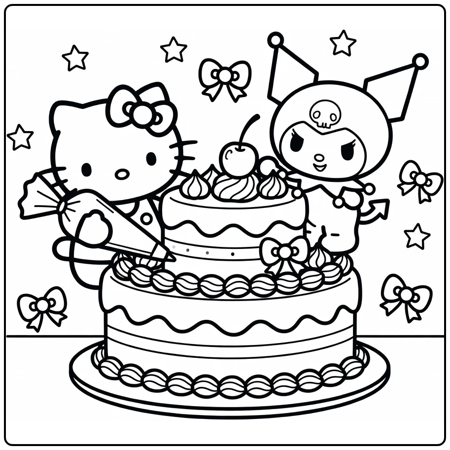 Hello Kitty and Kuromi with Cake coloring page