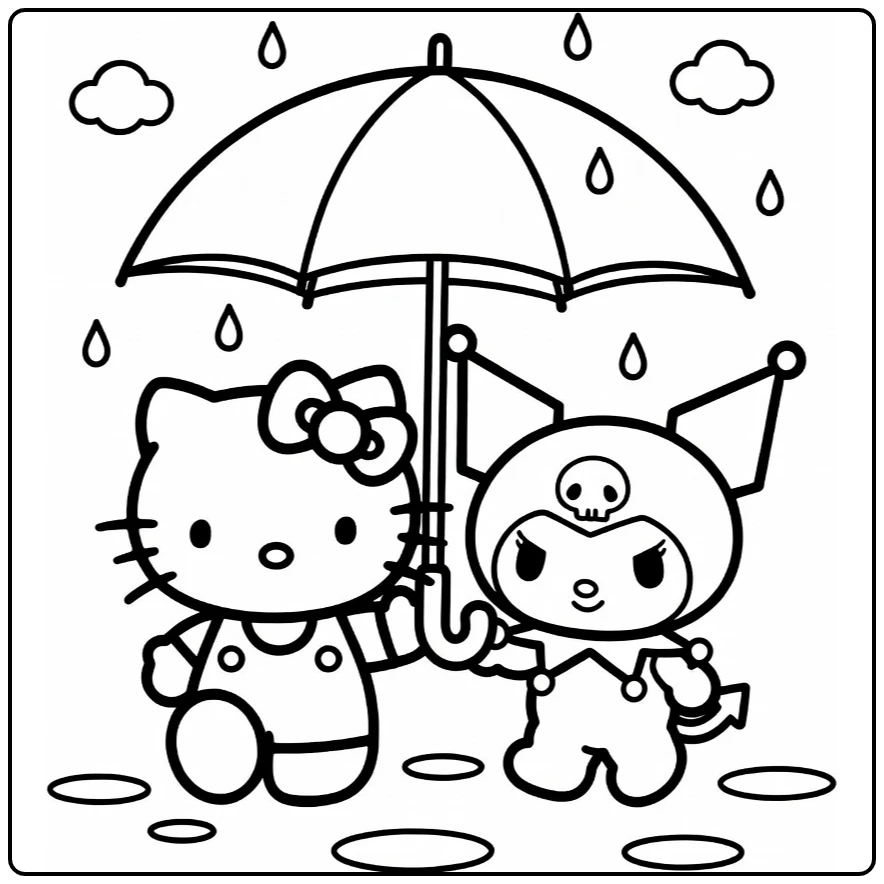 Hello Kitty Kuromi in Rain coloring page