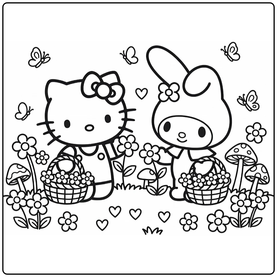 Hello Kitty My Melody Flowers Picking with Baskets Butterflies coloring page