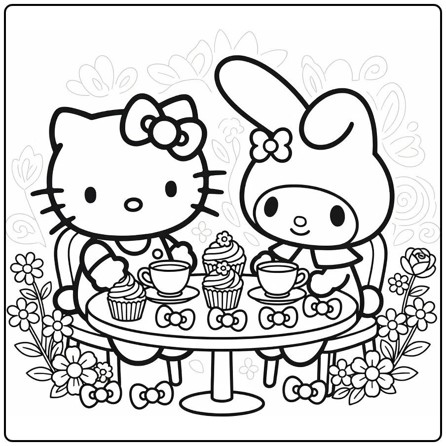 Hello Kitty My Melody Friendship at Tea Table coloring page