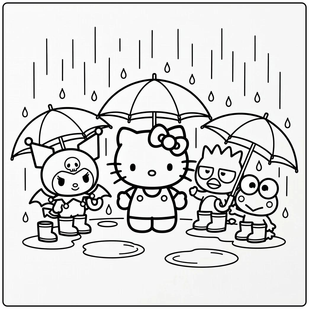 Hello Kitty Sanrio Kuromi and Badtz Maru coloring page