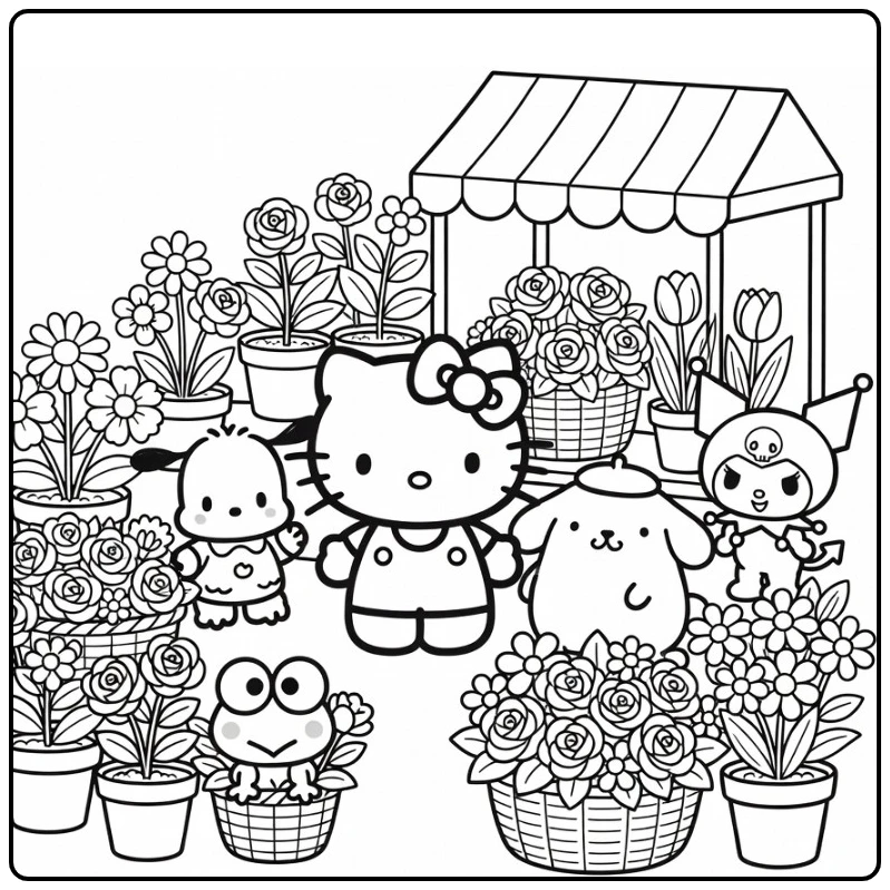Hello Kitty Sanrio Pochacco and Keroppi coloring page