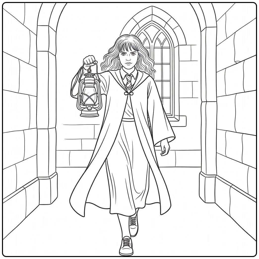 Hermione Granger Walking Through a Corridor with Lantern coloring page