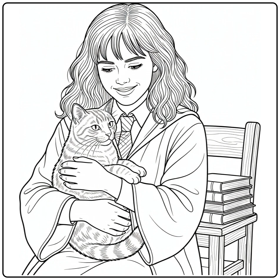 Hermione Granger coloring page holding Crookshanks in her arms