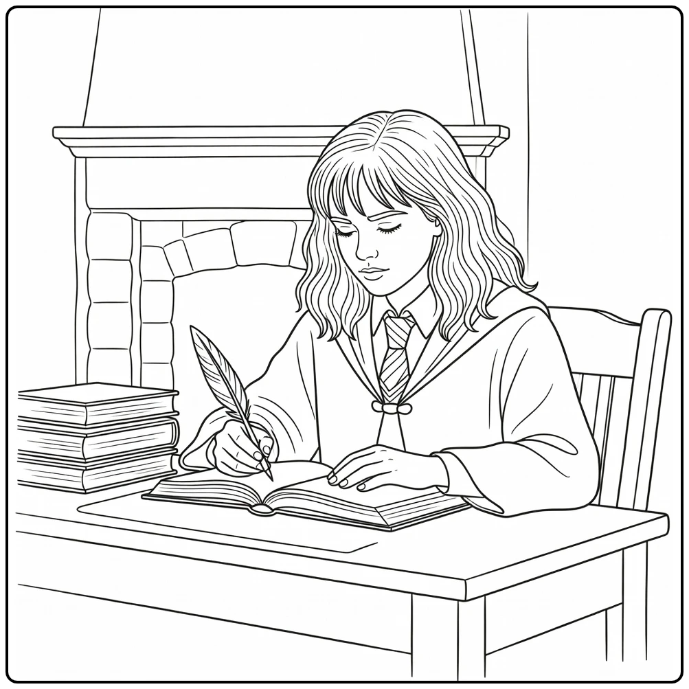 Hermione Granger in Gryffindor Room with Books coloring page
