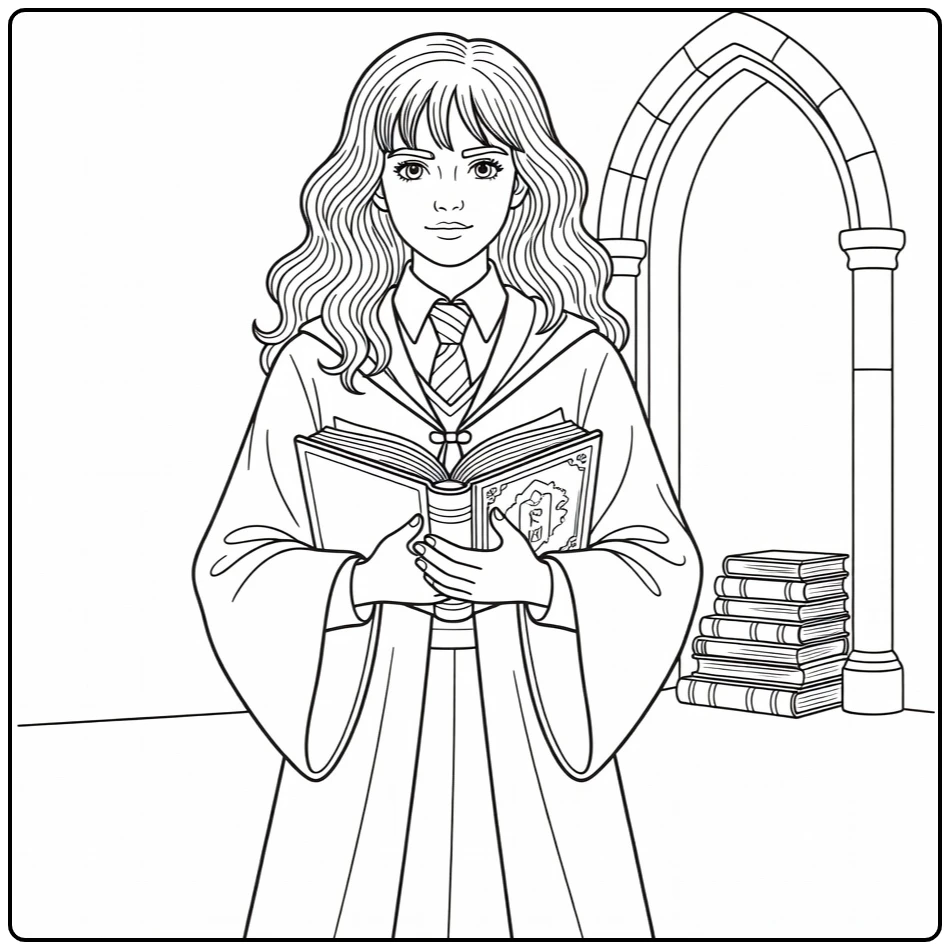 Hermione Granger in Hogwarts Robe with Book coloring page