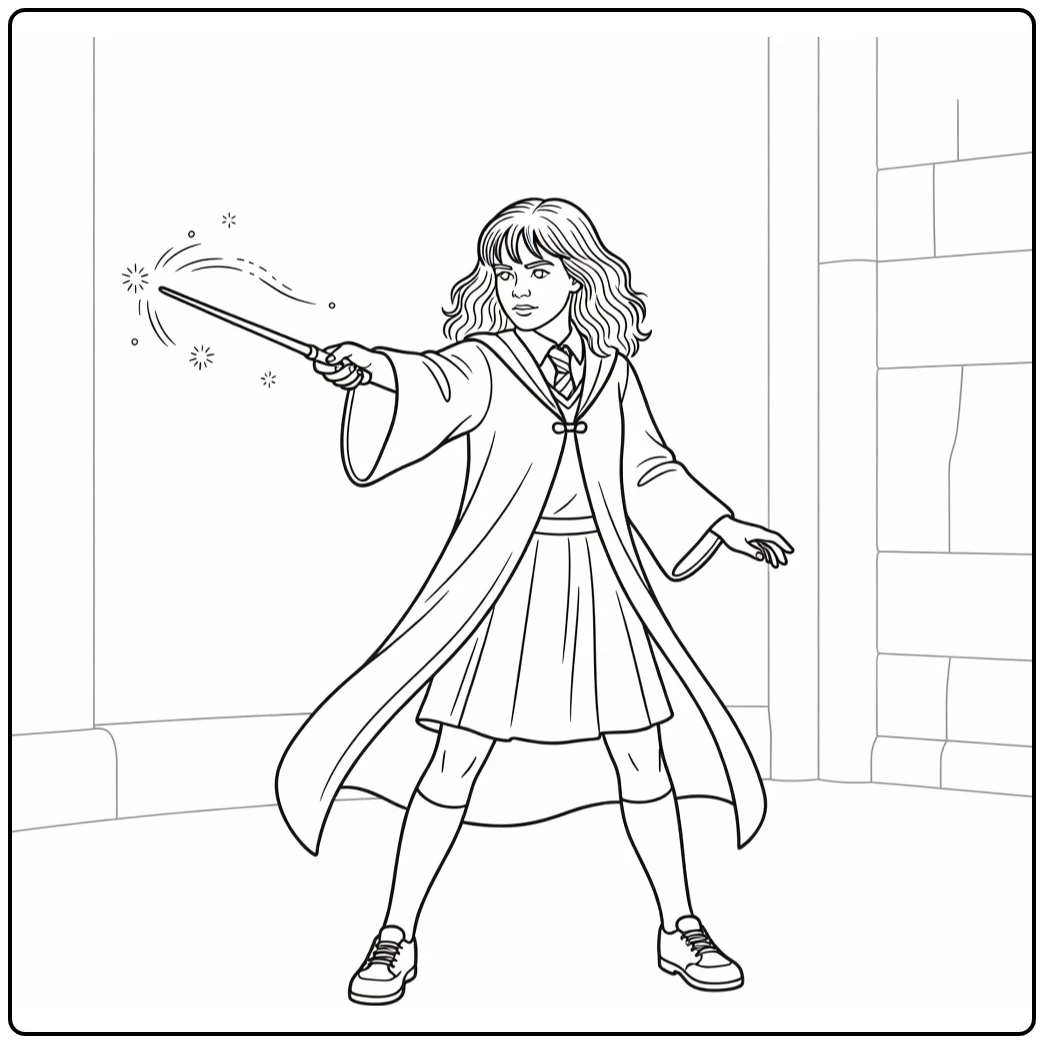 Hermione Granger in Training Room with Walking Stick coloring page