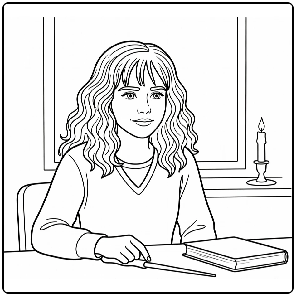 Hermione Granger with Curly Hair and Book coloring page