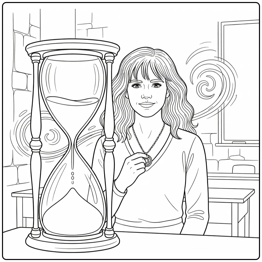 Hermione Granger Beside a Tall Time-Turner coloring page