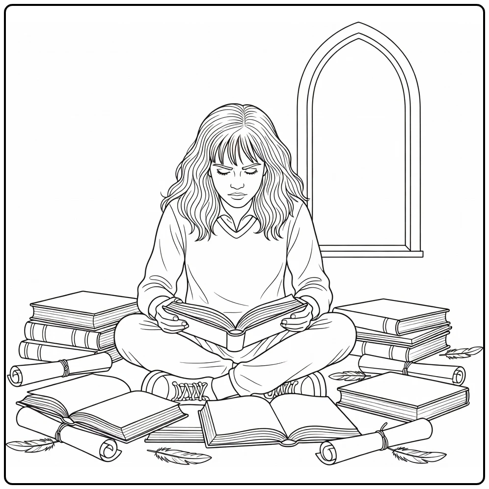 Hermione Granger on Floor with Window and Feathers coloring page