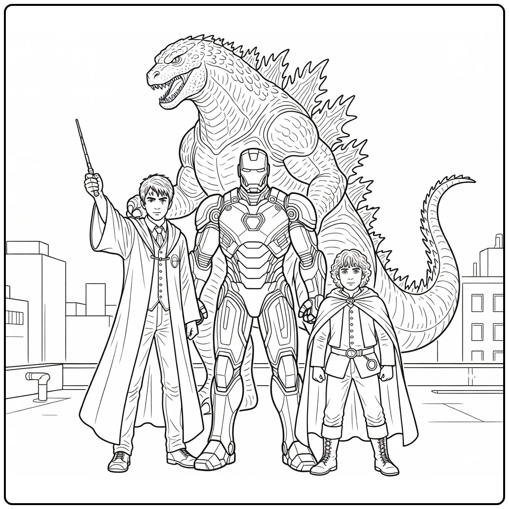movie coloring page with Iron Man, Harry Potter, Godzilla, and Frodo