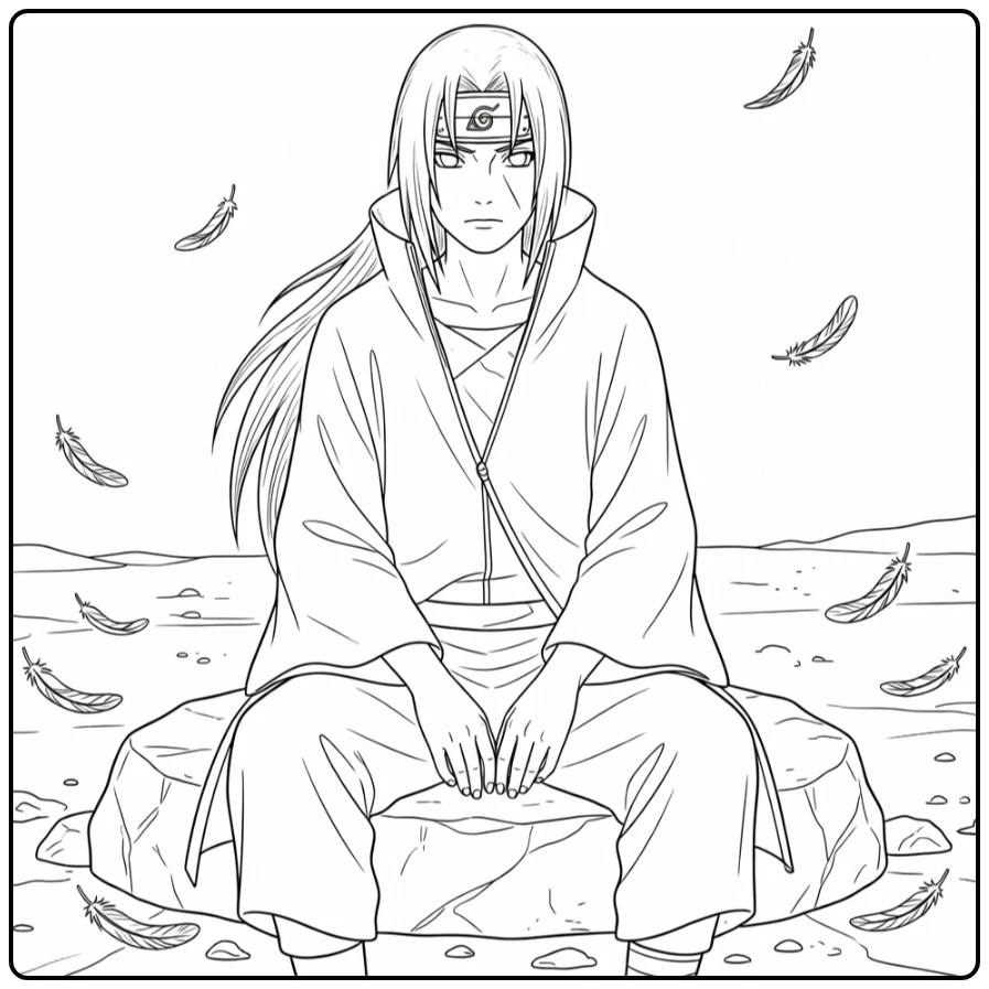 Itachi Uchiha Sitting with a Cloak and Long Hair coloring page