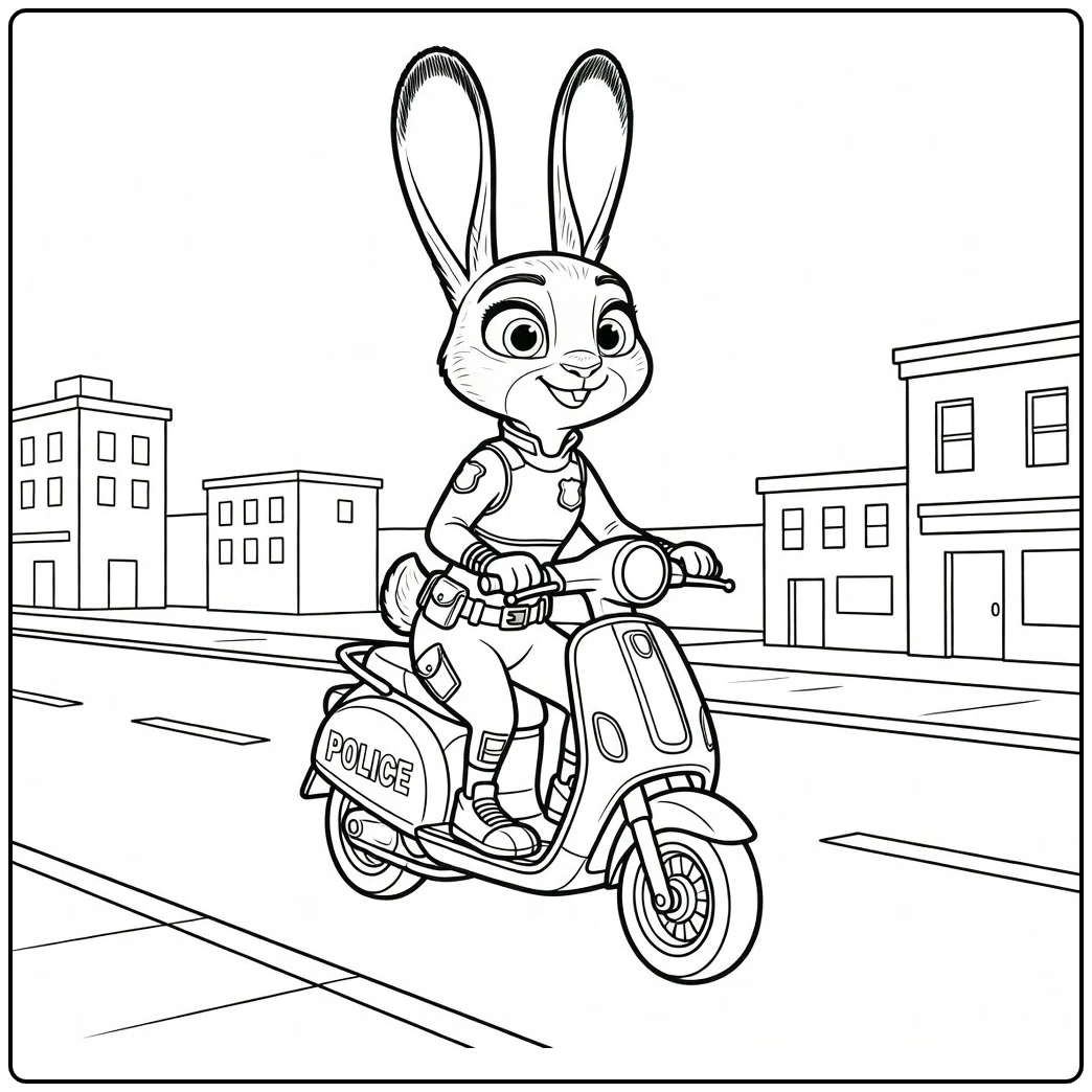 Hopps Judy Riding Scooter in Clean City Street coloring page
