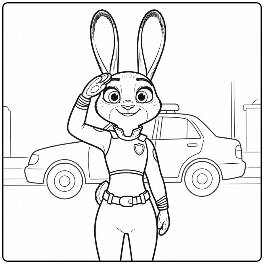 Judy Hopps coloring page with a warm smile and friendly salute
